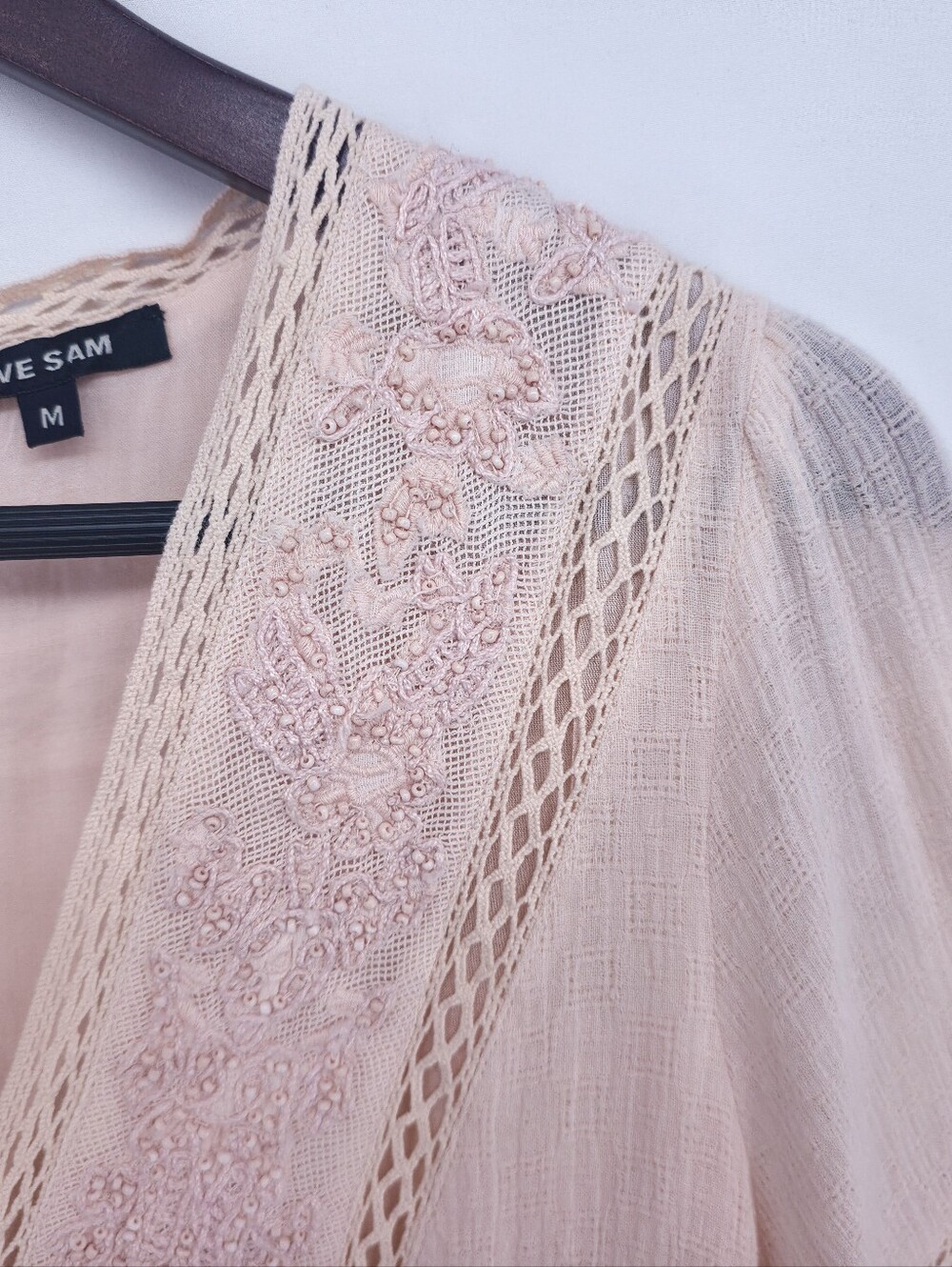 Love Sam Beaded Embroidered Boho Mini Dress Blush Lace Tiered Ruffle M - Picture 6 of 16